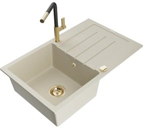 Mexen Bruno, 1-komorový granitový drez 795x495x200 mm a drezová batéria Flora, béžová, 6513-69-670401-57-G