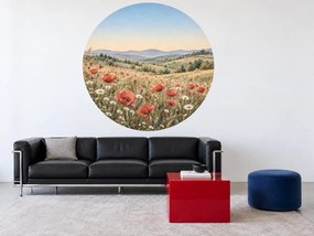 Vlčie maky nad zvlnenými kopcami venkovská kruhová akvarelová dekorácia s vlčími makmi na stenu do obývačky arch 46 x 46 cm
