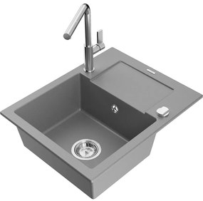 Mexen Enzo, 1-komorový granitový drez 576x465x174 mm a drezová batéria Flora, šedá, 6506-71-670401-00