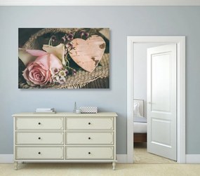 Obraz ruža a srdiečko v jute - 120x80