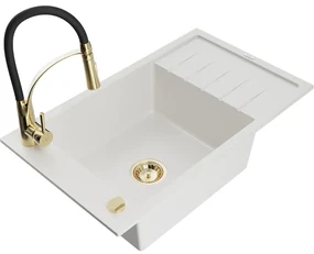 Mexen Elias, 1-komorový granitový drez 795x480x200 mm a drezová batéria Aster, biela, 6511-20-73450-57-G