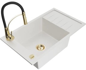 Mexen Elias, 1-komorový granitový drez 795x480x200 mm a drezová batéria Aster, biela, 6511-20-73450-57-G