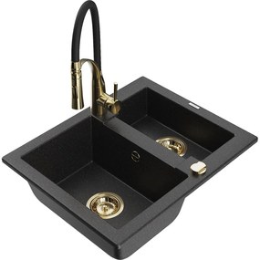 Mexen Carlos, 1,5-komorový granitový drez 582x475x177 mm a drezová batéria Aster, čierna-strieborná metalíza, 6518-73-73450-57-G