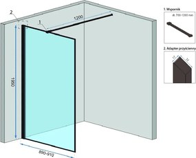Bezrámová sprchová zastena REA BLER 90 cm + polica a vešiak EVO, čierna/transparent - bez vaničky