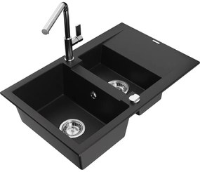 Mexen Gaspar, 1,5-komorový granitový drez 737x475x177 mm a drezová batéria Flora, čierna, 6507-77-670401-00