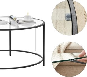 Okrúhly konferenčný stolík, sklenený stolík s kovovým rámom, čierny