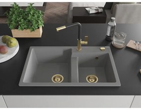 Mexen Tomas, 2-komorový granitový drez 800x500x190 mm a drezová batéria Flora, šedá, 6516-71-670401-57-G