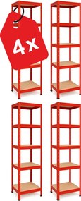 Akcia 4x Regál 180x40x40 cm lakovaný 5-policový, nosnosť 875 kg - červený - 4ks
