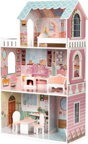 Veľký drevený domček pre bábiky ECOTOYS – 3 poschodia, 9 dielikov nábytku (pre Barbie)