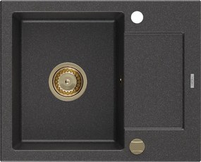 Mexen Enzo, granitový drez 576x465x174 mm, 1-komorový, čierna škvrnitá so zlatým sifónom, 6506571005-76-G