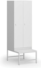 Šatníková skrinka S1 s lavičkou, 2 oddiely, 1875 x 600 x 500/800 mm, cylindrický zámok, laminované dvere, biela