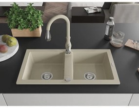 Mexen Mario, 2-komorový granitový drez 820x436x161 mm a drezová batéria Savita, béžová, 6504-69-672601-69
