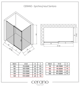 Cerano Santoro, sprchovací kút s posuvnými dverami 140(dvere) x 80(stena) x 195 cm, 6mm šedé sklo, čierny profil, CER-CER-425497
