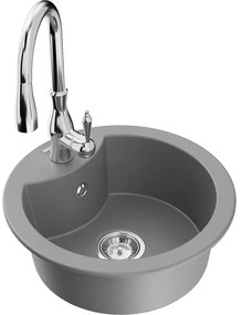 Mexen Diego, 1-komorový granitový drez 488x488x167 mm a drezová batéria Savita, šedá, 6512-71-672601-00