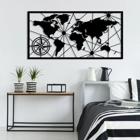 Nástenná kovová dekorácia Mapa sveta kompas 120x60 cm čierna