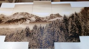 5-dielny obraz zamrznuté hory v sépiovom prevedení - 200x100