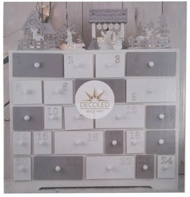 Drevený betlehem s LED adventným kalendárom, 37 × 11 × 40 cm, biely a sivý, 2× AA