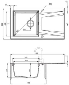 Deante Prime, granitovo-nerezový drez 860x500x220 mm, 3,5" + priestorovo úsporný sifón, 1-komorový, šedá-grafitová, ZSR_S11G