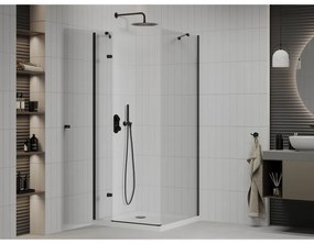 Mexen Roma, sprchovací kút s 1-krídlovými dverami 90 (dvere) x 90 (stena) cm, 6mm číre sklo, čierny profil, slim sprchová vanička 5cm biela s čiernym sifónom, 854-090-090-70-00-4010B
