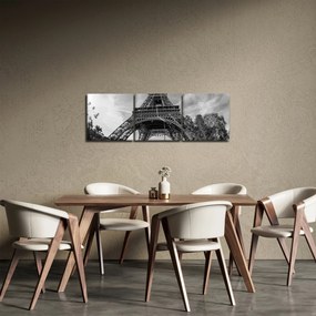 Obraz - Eiffelova veža, čiernobiela (s hodinami) (90x30 cm)