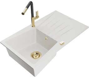 Mexen Cesar, 1-komorový granitový drez 775x470x190 mm a drezová batéria Flora, biela, 6514-20-670401-57-G