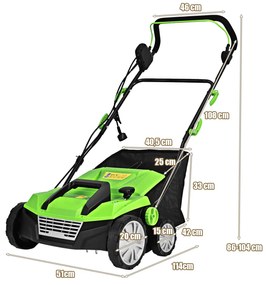 Elektrický vertikutátor Prevzdušňovač trávnika 1800W 2 úrovne Pracovná hĺbka 106 x 58 x 110,5 cm Zelená