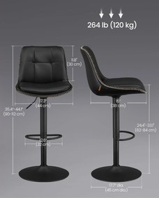 Sada 2 barových stoličiek s nastaviteľnou výškou, otočná kuchynská stolička, čierne