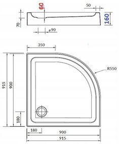 Cersanit Basic+Tako, štvrťkruhový sprchový kút 90x90x185 cm + sprchová vanička 90x16cm, biela, S601-118