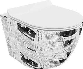 Mexen Lena, závesná WC misa 48x36 cm, Rimless so sedátkom pomaly-padajúcim, vzor-gazeta, 30224099