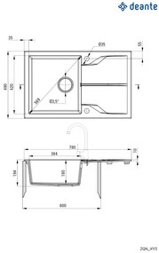 Deante Andante, granitový drez 780x490x194 mm + priestorovo úsporný sifón, 1-komorový, čierna, ZQN_N113