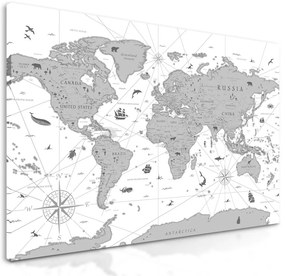Obraz mapa sveta s historickým nádychom v čiernobielom prevedení