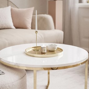 KONFERENČNÝ STOLÍK LEONARDO X BIELY LESK + ZLATÝ + TABURET BÉŽOVÝ