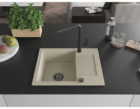 Mexen Enzo, 1-komorový granitový drez 576x465x174 mm a drezová batéria Flora, béžová, 6506-69-670401-70-B