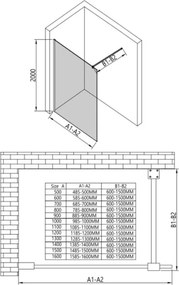 Erga Paris, sprchová zástena Walk-In 110x200 cm, 8mm číre sklo, čierny profil, ERG-V02-PARIS-110x200-CL-BK