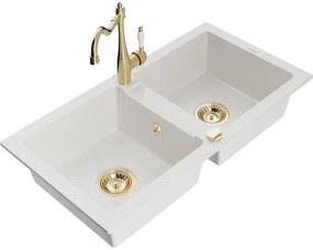 Mexen Mario, granitový drez 820x436x161 mm, 2-komorový a drezová batéria Carla, biela, 6504-20-670700-50