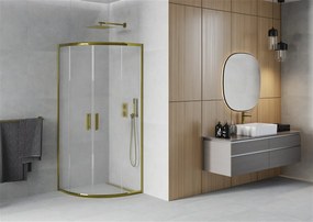 Mexen Rio, štvrťkruhový sprchovací kút 90(dvere)x90(dvere)x190 cm, 5mm sklo námraza, zlatý profil, 863-090-090-50-30