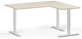 Rohový výškovo nastaviteľný stôl, 160x140 cm, 3 motory, L/P, biela podnož, breza