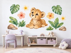 Gepardík medzi tropickými kvetmi rozkošné nálepky s gepardíkom pre dievčatá aj chlapcov na stenu hárok 46 x 23 cm