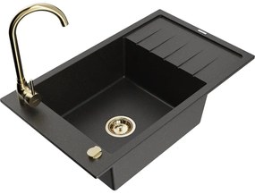 Mexen Elias, 1-komorový granitový drez s odkvapkávačom 80x48 cm a kuchynskou batériou Telma, čierna-zlatá, 6511-75-670200-50