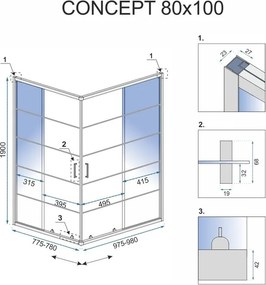 Obdĺžnikový sprchovací kút REA CONCEPT 80x100 cm, čierny/transparent - bez vaničky