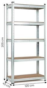 Skladový regál 205x120x45 cm, pozinkovaný kov, 5 políc, nosnosť 875 kg, ModernHome