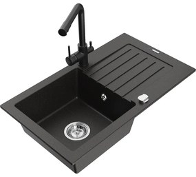 Mexen Pablo, granitový drez 752x436x161 mm, 1-komorový a čierna batéria Duero, čierna - zlatá metalíza, 6510-75-671600-70