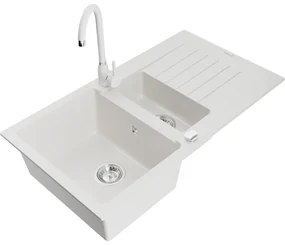 Mexen Matias, 1,5-komorový granitový drez s odkvapkávačom 90x50 cm a kuchynskou batériou Telma, biela, 6502-20-670200-20