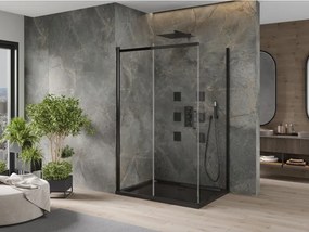 Mexen Omega, sprchovací kút s posuvnými dverami 120 (dvere) x 90 (stena) cm, 8mm číre sklo, čierny profil + slim sprchová vanička čierna s čiernym sifónom, 825-120-090-70-00-4070B