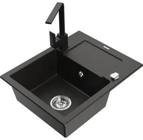 Mexen Enzo, granitový drez 576x465x174 mm, 1-komorový a čierna batéria Rita, čierna-zlatá metalíza, 6506-75-670300-70