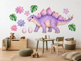 Fialový stegosaurus s kvetmi pastelové nálepky do detskej izby na stenu arch 46 x 30 cm