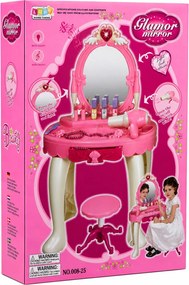 LEAN Toys Detský toaletný stolík so stoličkou, svetielkom, sušičom vlasov, príslušenstvom a zvukmi – ružový