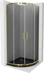 Mexen Rio, štvrťkruhový sprchovací kút s posuvnými dverami 80(dvere) x 80(dvere) x 190 cm, 6mm šedé sklo, zlatý profil + čierna sprchová vanička SLIM, 863-080-080-50-40-4170G