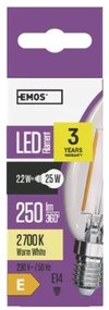 EMOS LED filamentová žiarovka, E14, Candle, 2W, 250lm, teplá biela