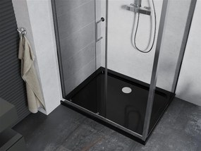 Mexen Apia sprchovací kút s posuvnými dverami 140 (dvere) x 70 (stena) cm, 5mm číre sklo, chrómový profil + čierna sprchová vanička s chrómovým sifónom, 840-140-070-01-00-4070